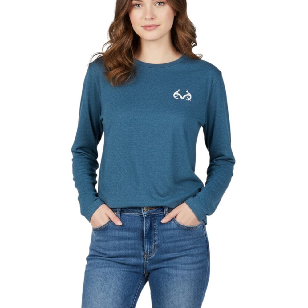 NWT Realtree Women’s XL Long Sleeve Blue T-Shirt Deer Antlers Logo Outdoor Camp